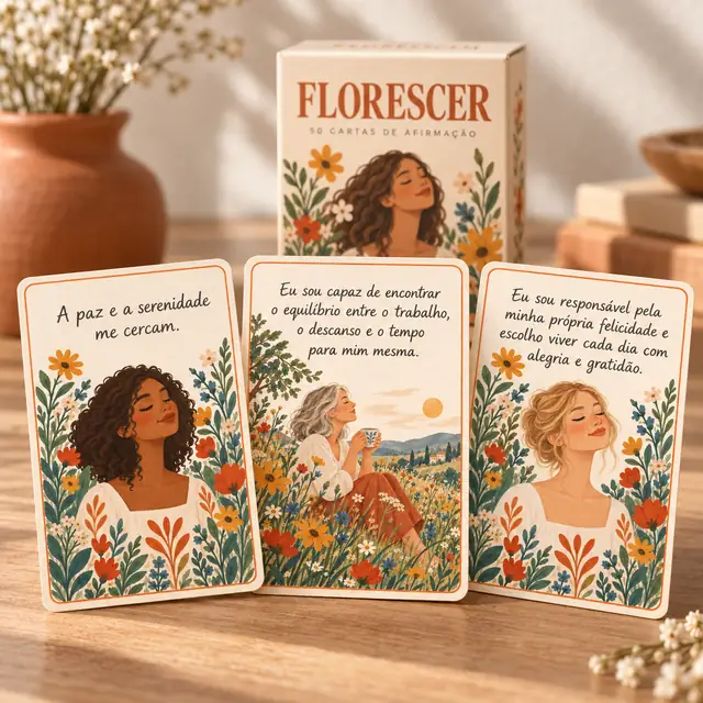 Cartas de afirmação ilustradas com flores, espalhadas sobre uma mesa clara